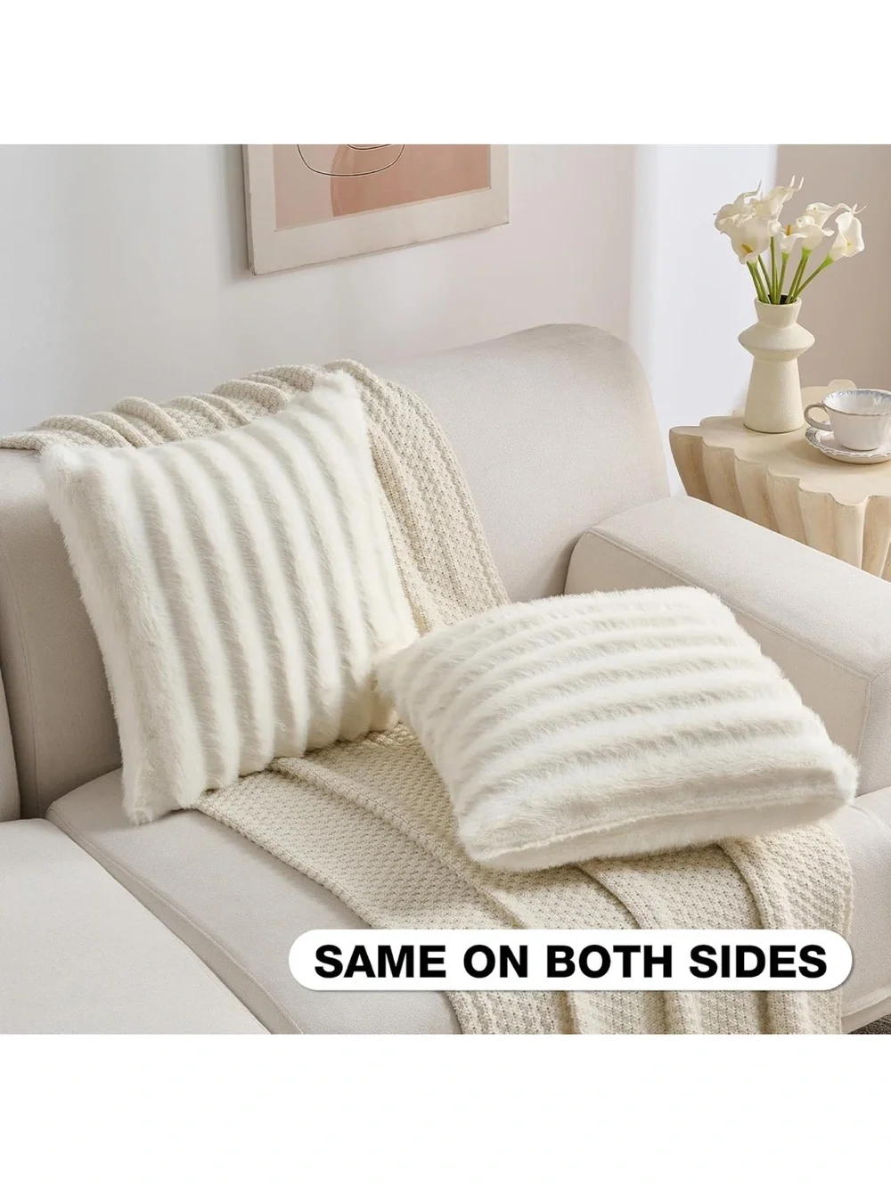 NWT Pack of 2 Faux Mink Fur Throw Pillow Covers 18x18 Inch, Cream White